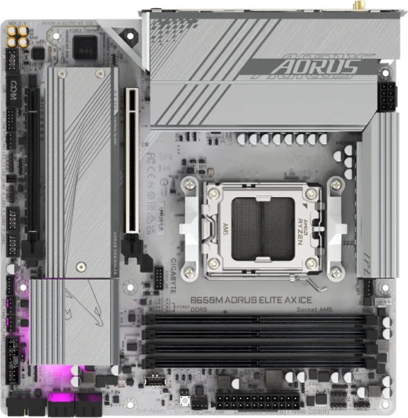 Pllakë amë GIGABYTE B650M AORUS ELITE AX ICE, AM5, DDR5, mATX, WiFi 6E, 2.5GbE, e bardhë