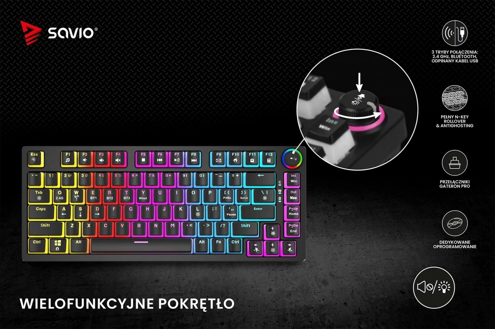 Tastierë mekanike wireless Savio PHENIX, Gateron Red Pro, Pudding, e zezë