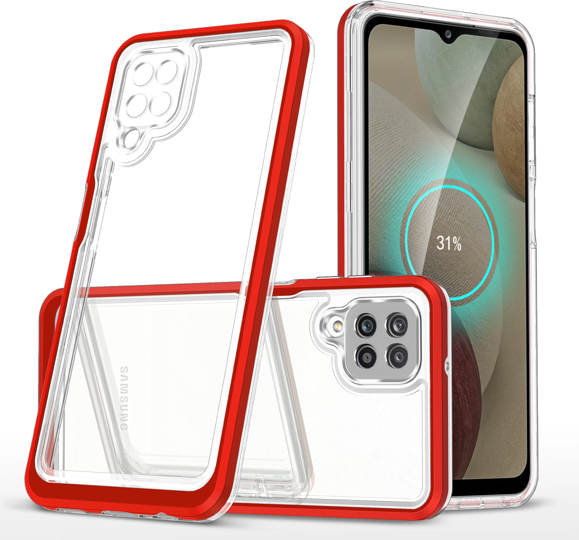 Mbështjellës Hurtel Hybrid Armor Clear 3in1 për Samsung Galaxy A22 4G, Transparent/Kuq