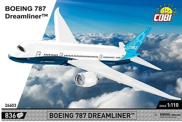 Set blloqesh ndërtimi Cobi Klocki Boeing 787 Dreamliner, 836 pjesë, Blu/Bardhë