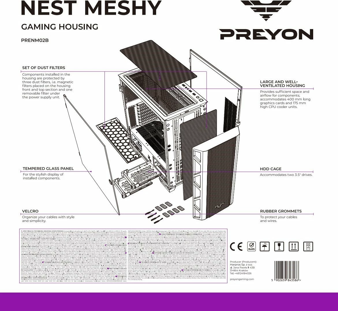 Kasë PREYON Nest Meshy PRENM02B Midi Tower ATX/eATX me xham të kalitur, 2 ventilatorë, e zezë