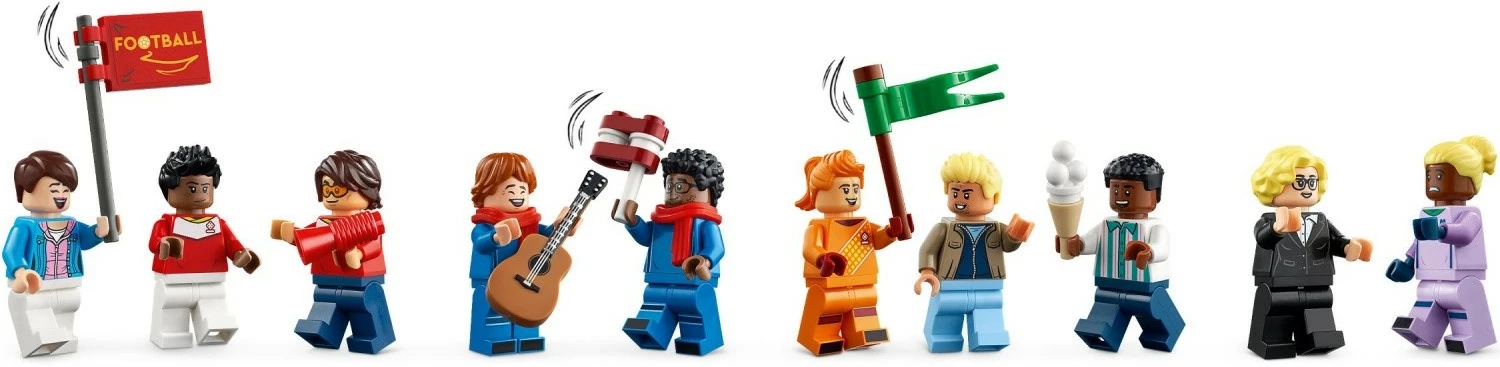 Set LEGO Icons Play Icons 40634, 899 pjesë, 15 minifigura, mini fushë futbolli