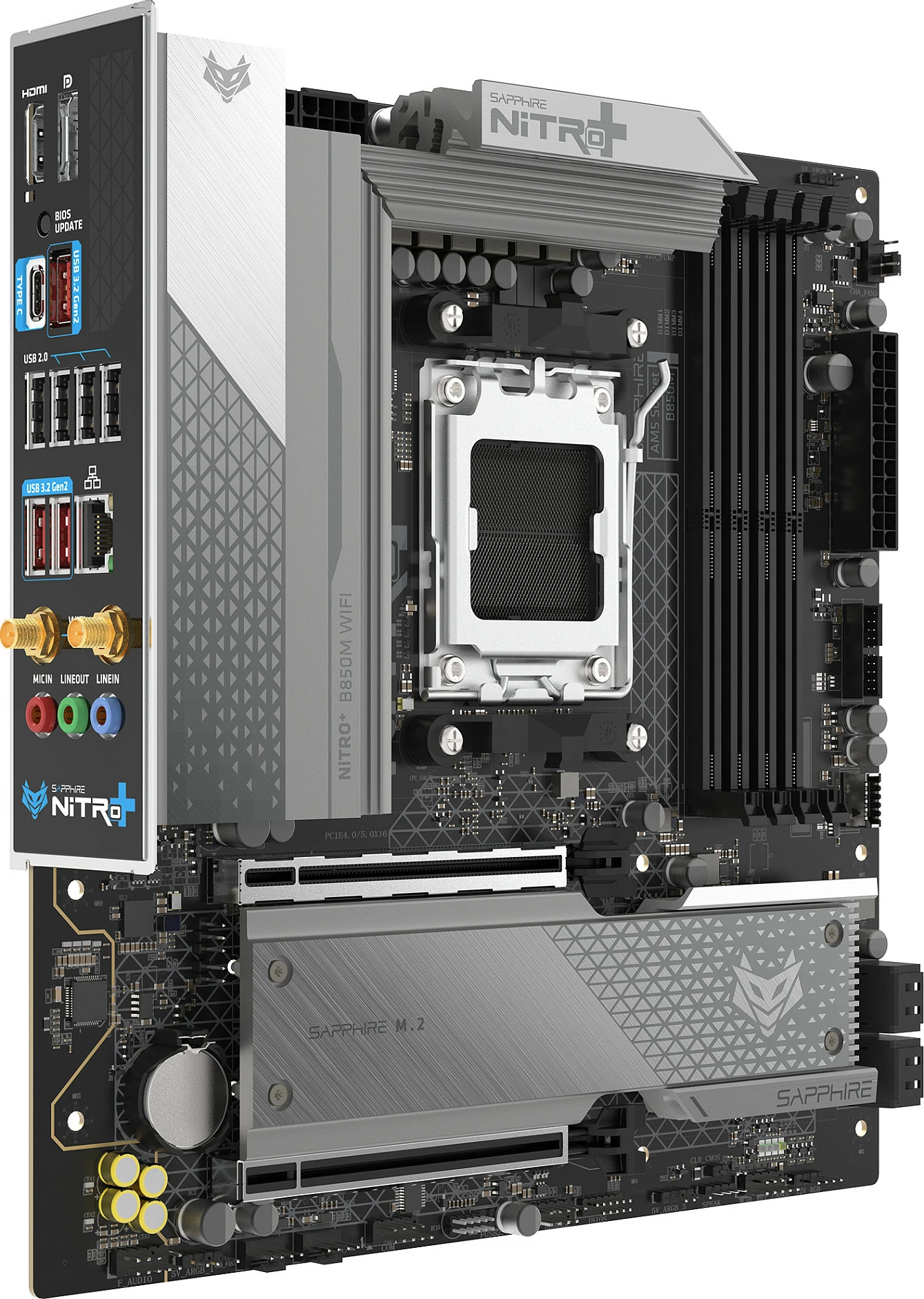 Pllakë amë Sapphire NITRO+ B850M WiFi, Socket AM5, micro ATX, e zezë/argjendtë