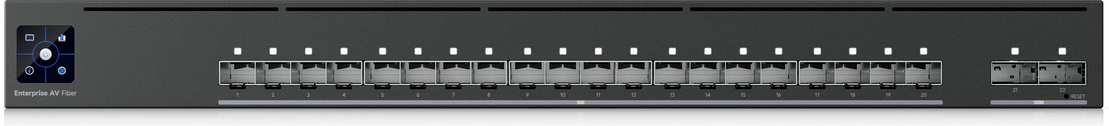 Switch Ubiquiti UniFi EAV-Fiber, Layer 3, 22 porta (20x SFP+ + 2x QSFP28), 19" rack, ngjyrë e zezë