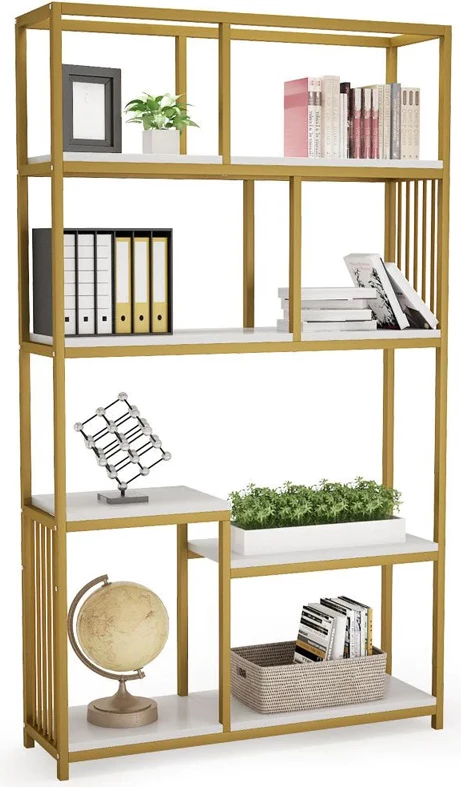 Raft librash Denver, kornizë metalike e artë, sipërfaqe mermeri e bardhë, 100x30x180cm