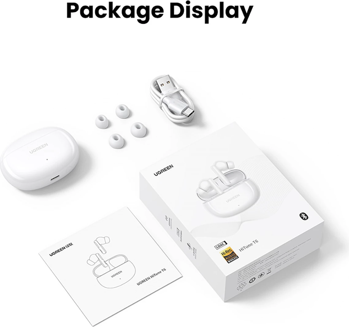 Kufje wireless Ugreen HiTune T6 me ANC, Bluetooth 5.3, 400 mAh, të bardha, me kabllo USB-A në USB-C