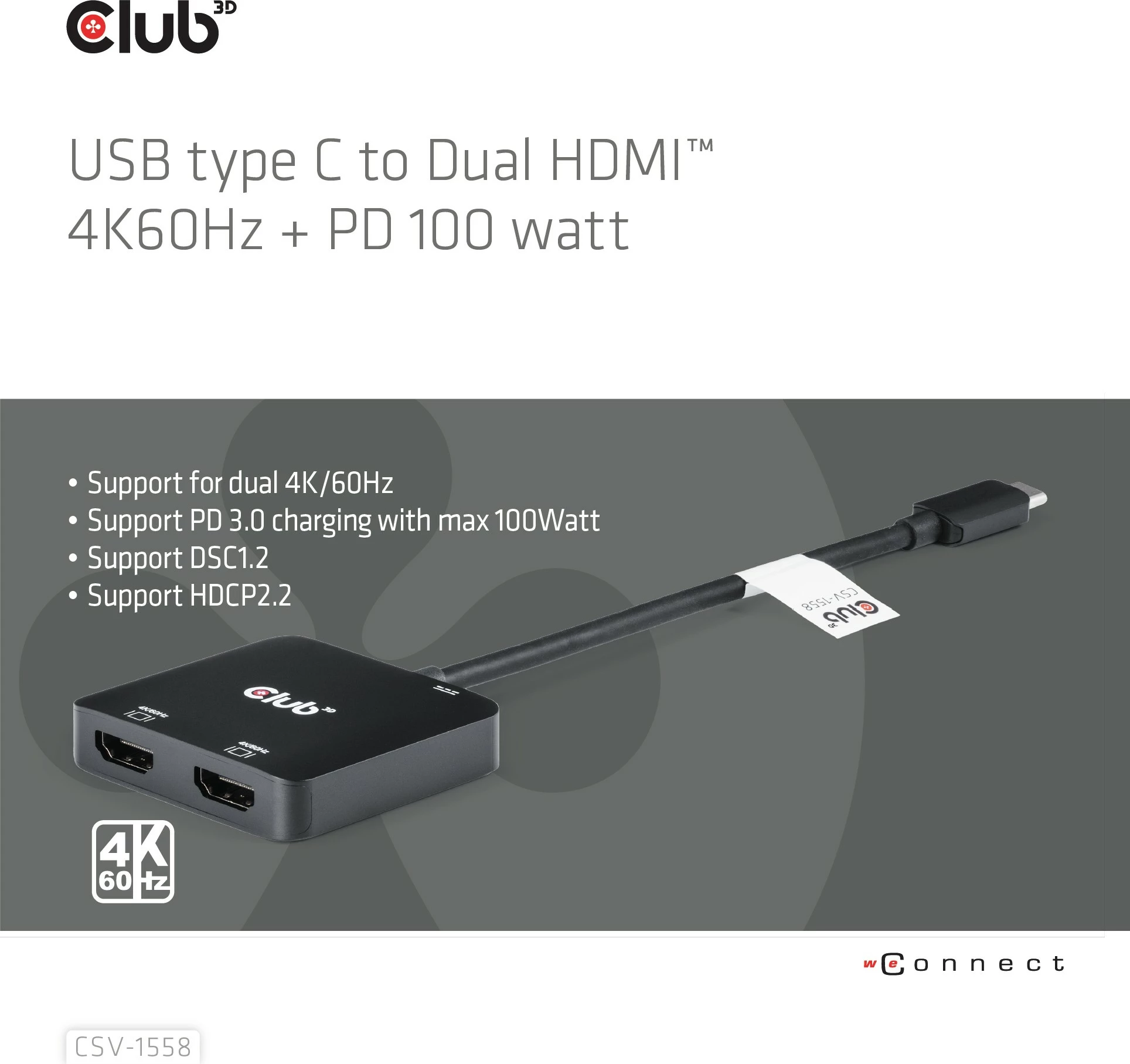 Adapter Club3D MST-Hub USB Type-C në 2x HDMI 4K60Hz + 100W PD, i zi