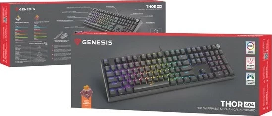 Tastierë mekanike Genesis Thor 404, Outemu Peach Silent, RGB, full-size, e zezë