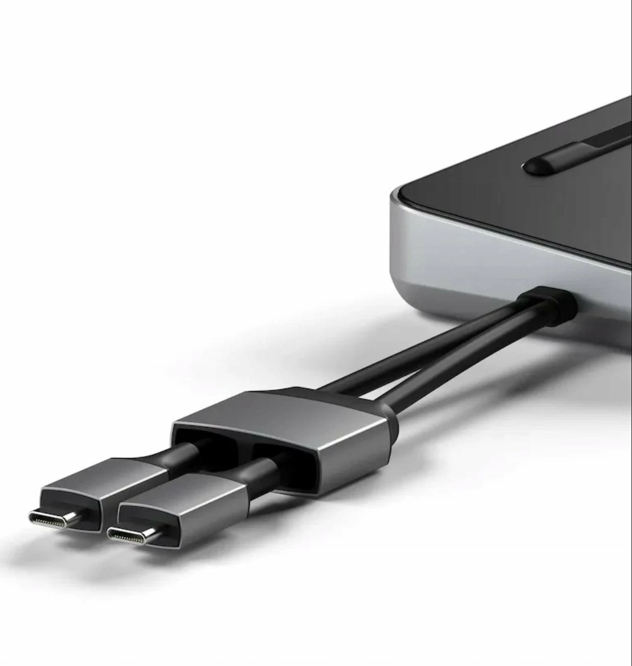 Stacion docking/stand Satechi Dual Dock Stand ST-DDSM, 2x HDMI + DisplayPort, Gigabit Ethernet, slot M.2 NVMe/SATA SSD, PD 75W, zi/argjendtë