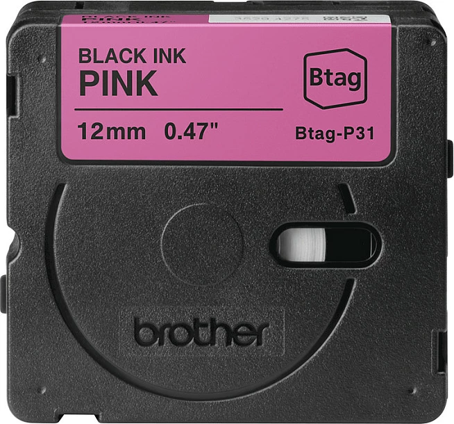 Kasetë shirit etikete Brother Btag-P31, 12 mm x 4 m, për P-touch PT-N10/PT-N20/PT-N25BT, zi në rozë