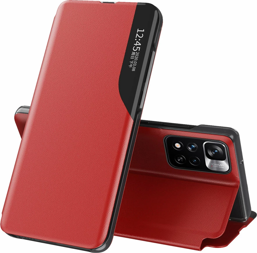 Mbështjellës Hurtel Eco Leather View Case me kapak dhe stand, për Poco M4 Pro 5G, Redmi Note 11S 5G, Redmi Note 11T 5G, Kuq
