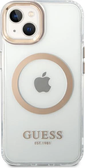 Mbështjellës Guess GUHMP14SHTRMD për iPhone 14 6.1", Metal Outline Magsafe, Transparent/Gold