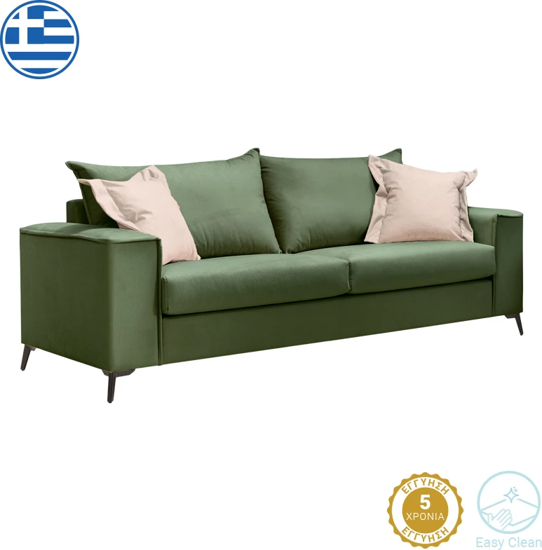 Divan Verona 3-ulësesh, ngjyrë e gjelbër e errët, me jastëkë krem, 225x93x100 cm