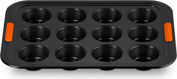 Tepsi muffins Le Creuset 46058000010000, çelik karboni, jo-ngjitëse, 12 vende, 40x30x4 cm, e zezë/portokalli