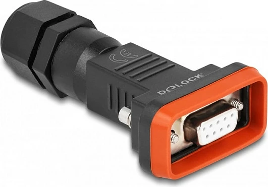 Konektor D-Sub 9-pin femër DeLOCK, IP67, për saldim, i drejtë, zi/portokalli