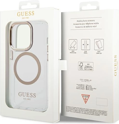 Mbështjellës Guess GUHMP14LHTRMD për iPhone 14 Pro 6.1", Metal Outline Magsafe, Transparent/Gold