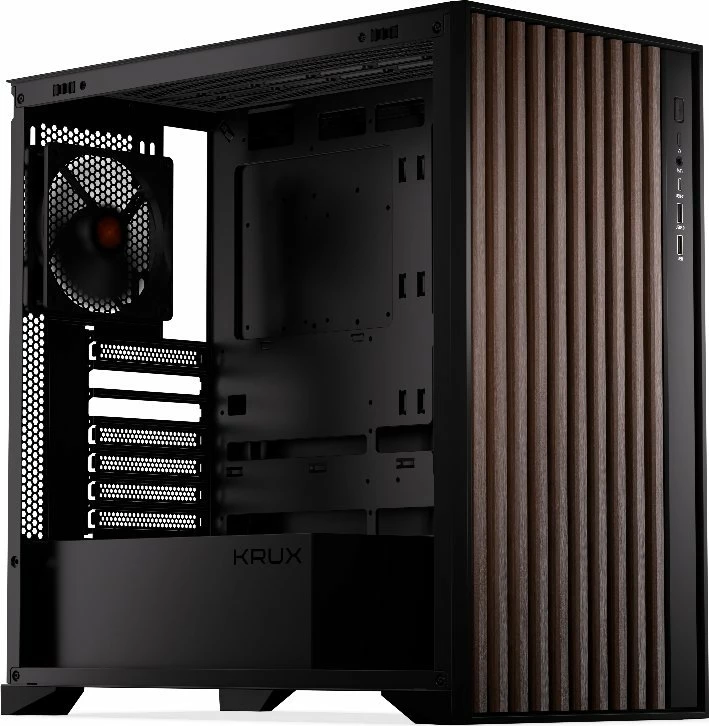 Kasë Krux Palum KRXD008 Midi Tower ATX/Micro-ATX/Mini-ITX, USB-C, 2x120mm fans, pa PSU, zezë/kafe