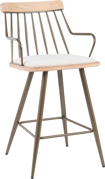 Karrige për bar Posse, metal bronzi, dru ngjyrë white wash, stof bezhë, 48x54x92.5cm