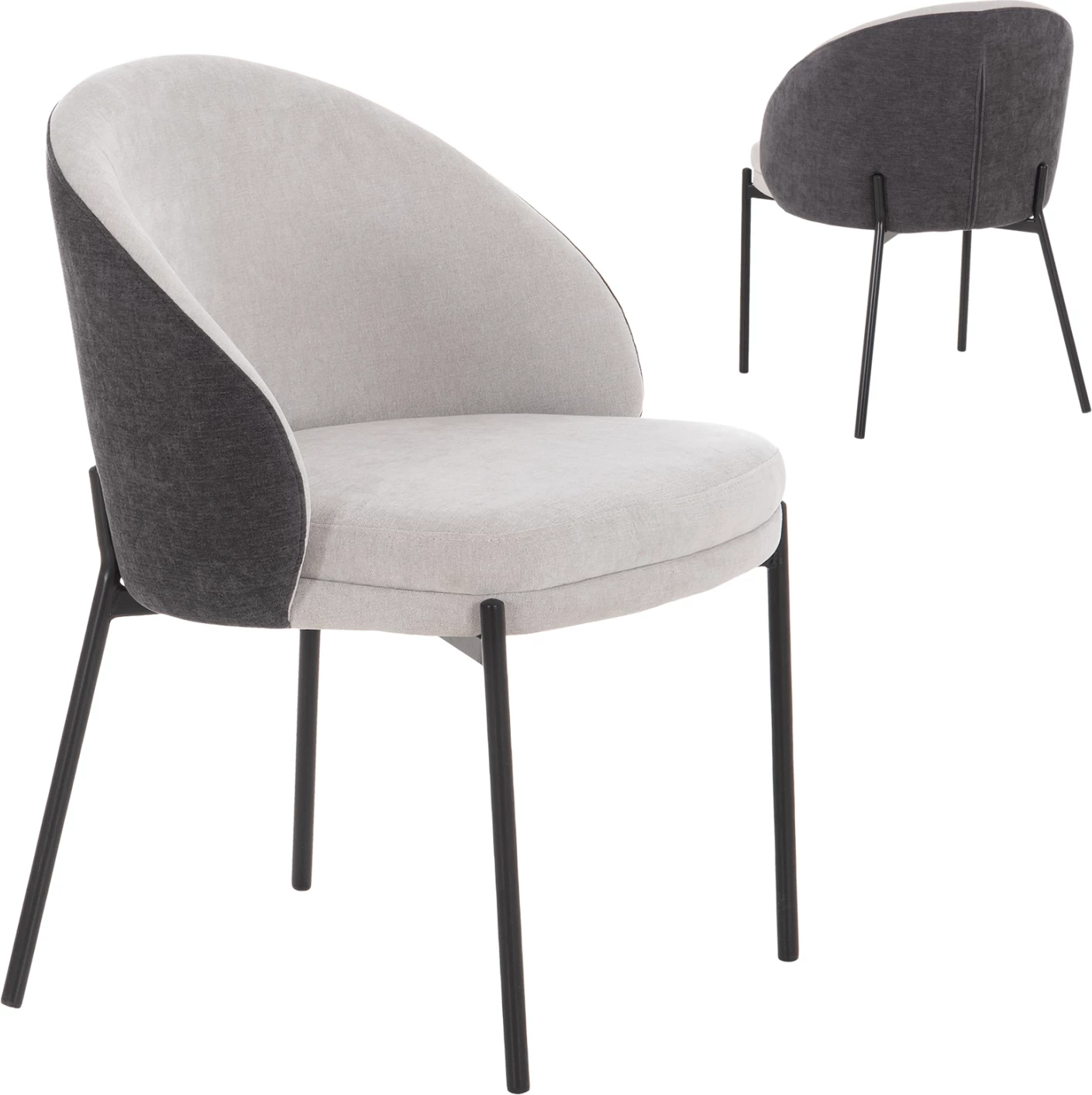 Karrige ngrënieje Detton, set prej 2 copë, material gri, këmbë metalike të zeza, 50x55x77cm