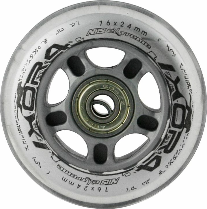 Set rrota PU për rollera Nils Extreme 76x24 82A transparent + ABEC-7 (4 rrota, 8 kushineta)