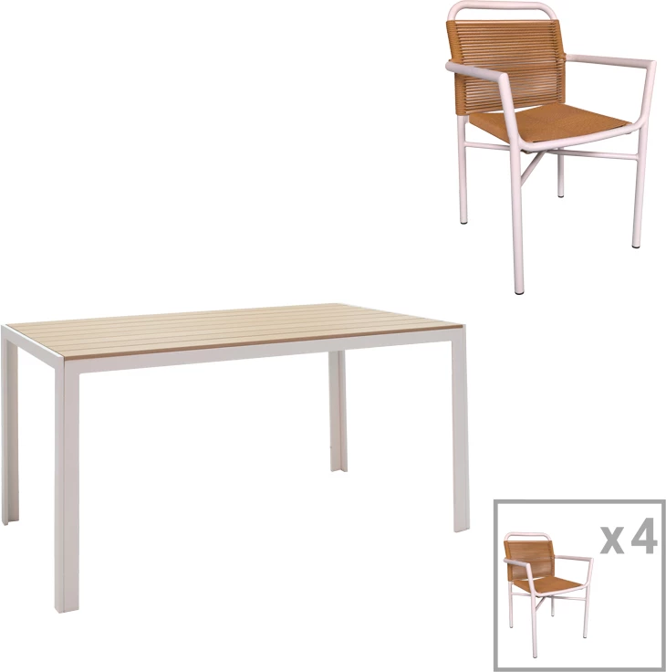 Tavolinë me karrige për terasë Nares-Clutch A, alumin i bardhë dhe dru i përpunuar, 140x80x72.5cm, set prej 5 copësh