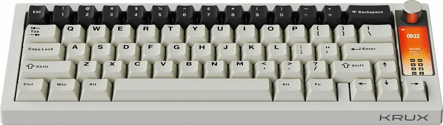 Tastierë mekanike gaming Krux Drox KRXA001 65% US ANSI, ARGB, hot-swap, USB-C/Bluetooth/2.4GHz, Krux Violet (purple), me ekran 2.3", e bardhë/gri