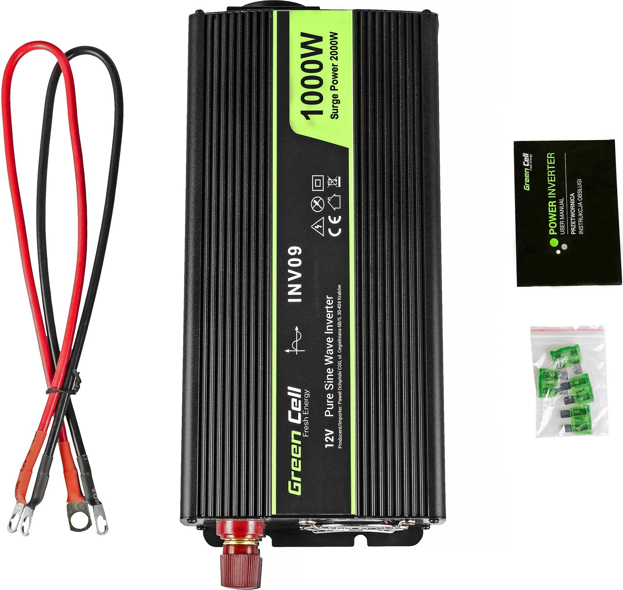 Inverter rryme Green Cell INV09, 12V në 230V, 1000W, i zi