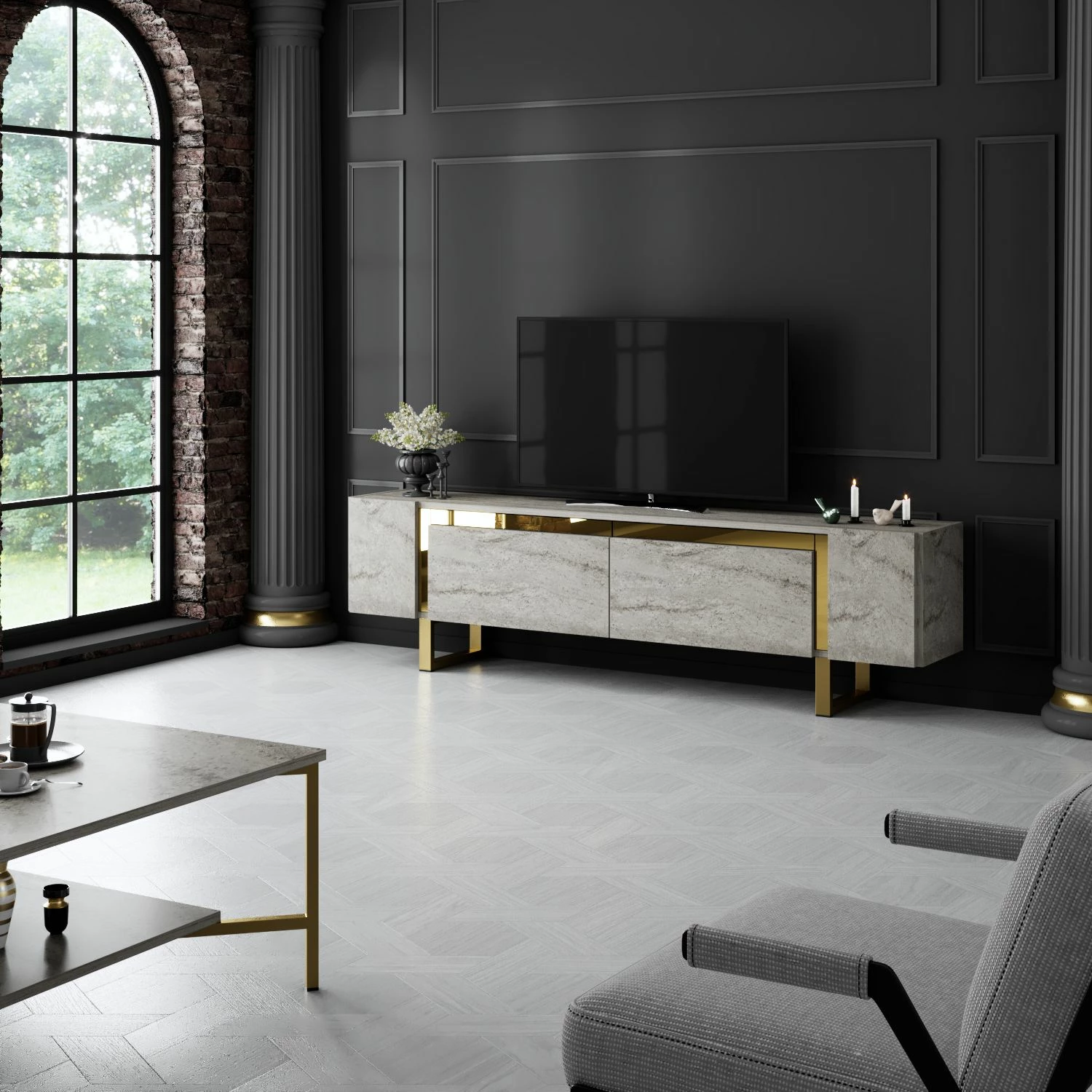 Komodë TV Hanah Home, Yildiz, travertin dhe ari