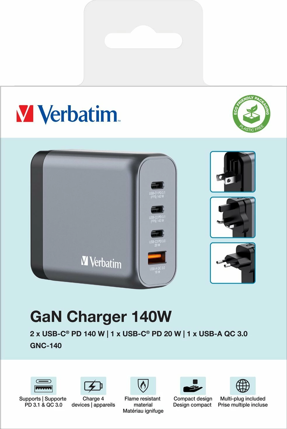 Karikues rrjeti GaN Verbatim GNC-140 140 W, 3x USB-C + 1x USB-A, QC 3.0/PD, 5 A, me kabllo USB-C 1 m, gri