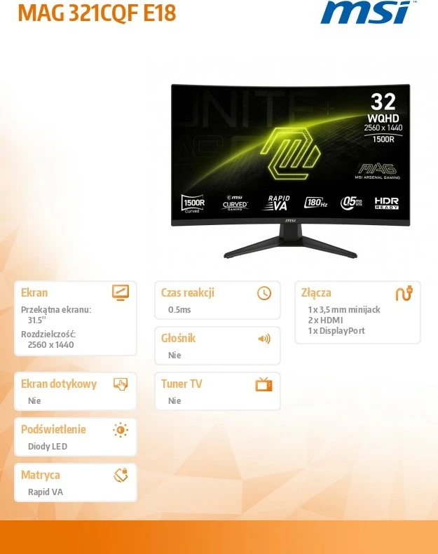 Monitor MSI MAG 321CQF E18 31.5 inch WQHD 2560x1440 180Hz kurbë 1500R 0.5ms i zi