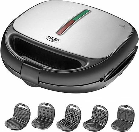 Toaster multifunksional Adler AD3040 5-në-1 1200W, set me 5 pllaka, argjendtë/zi