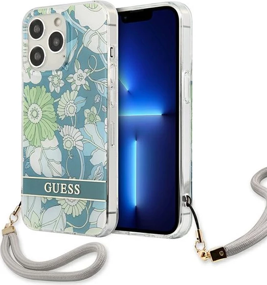 Mbështjellës Guess GUHCP13LHFLSN për iPhone 13/13 Pro 6.1", Flower Strap, Gjelbër