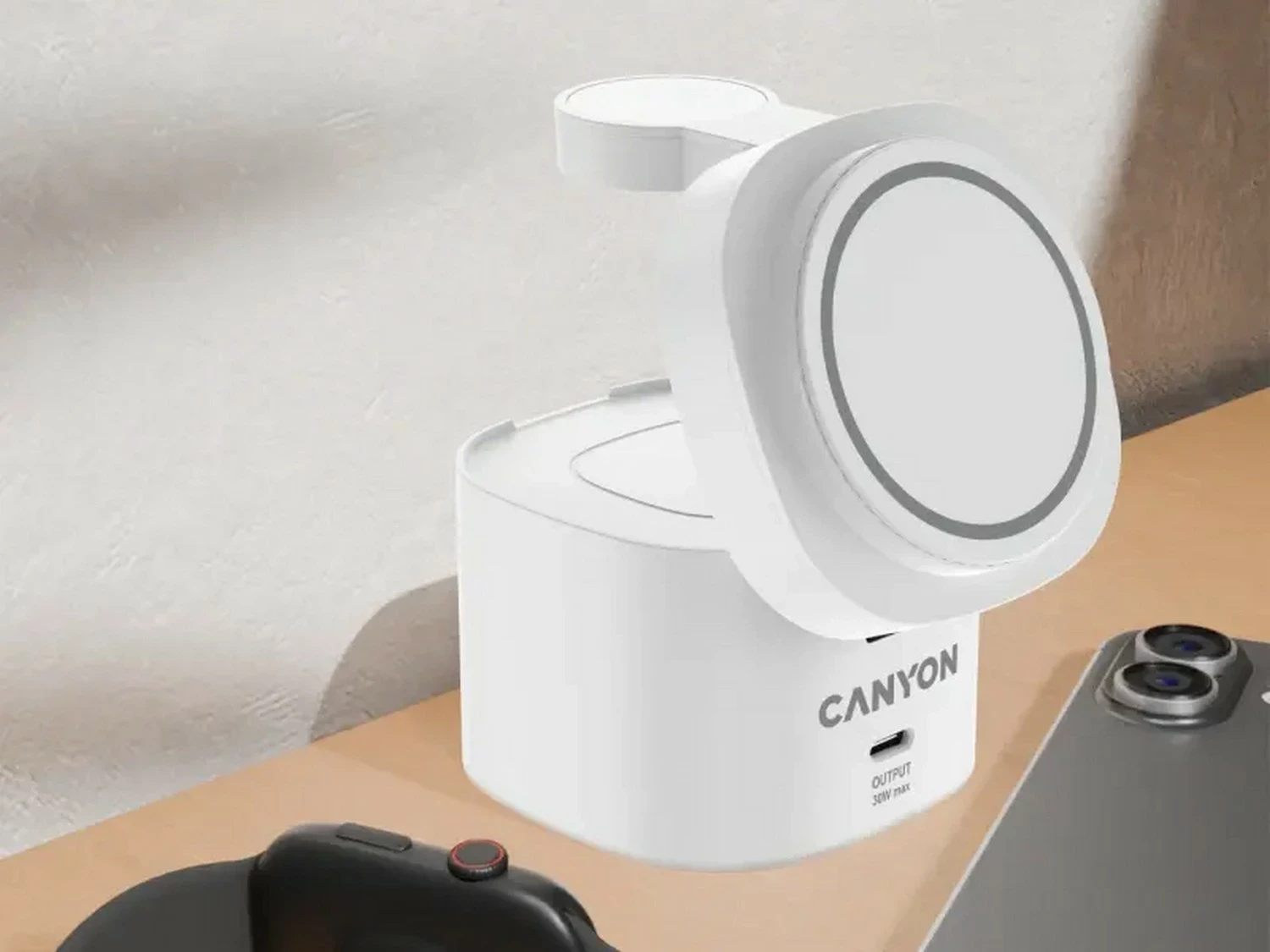 Stacion karikimi pa kabllo Canyon 4n1 30W, Qi2/USB-C PD, me adapter 65W, i bardhë