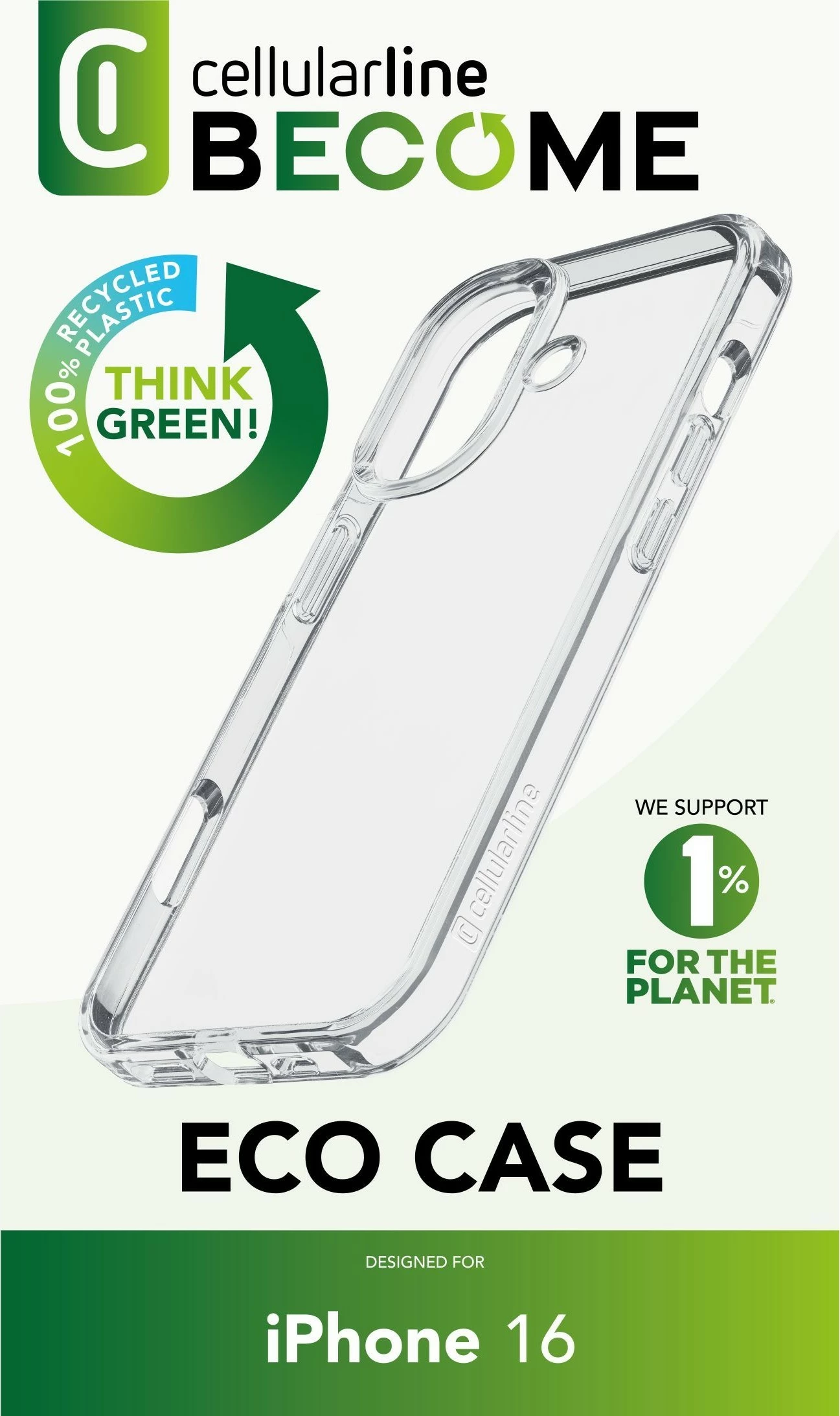 Mbështjellës Cellular Line Become Eco Case për iPhone 16, 6.1 inch, plastikë e ricikluar, transparent