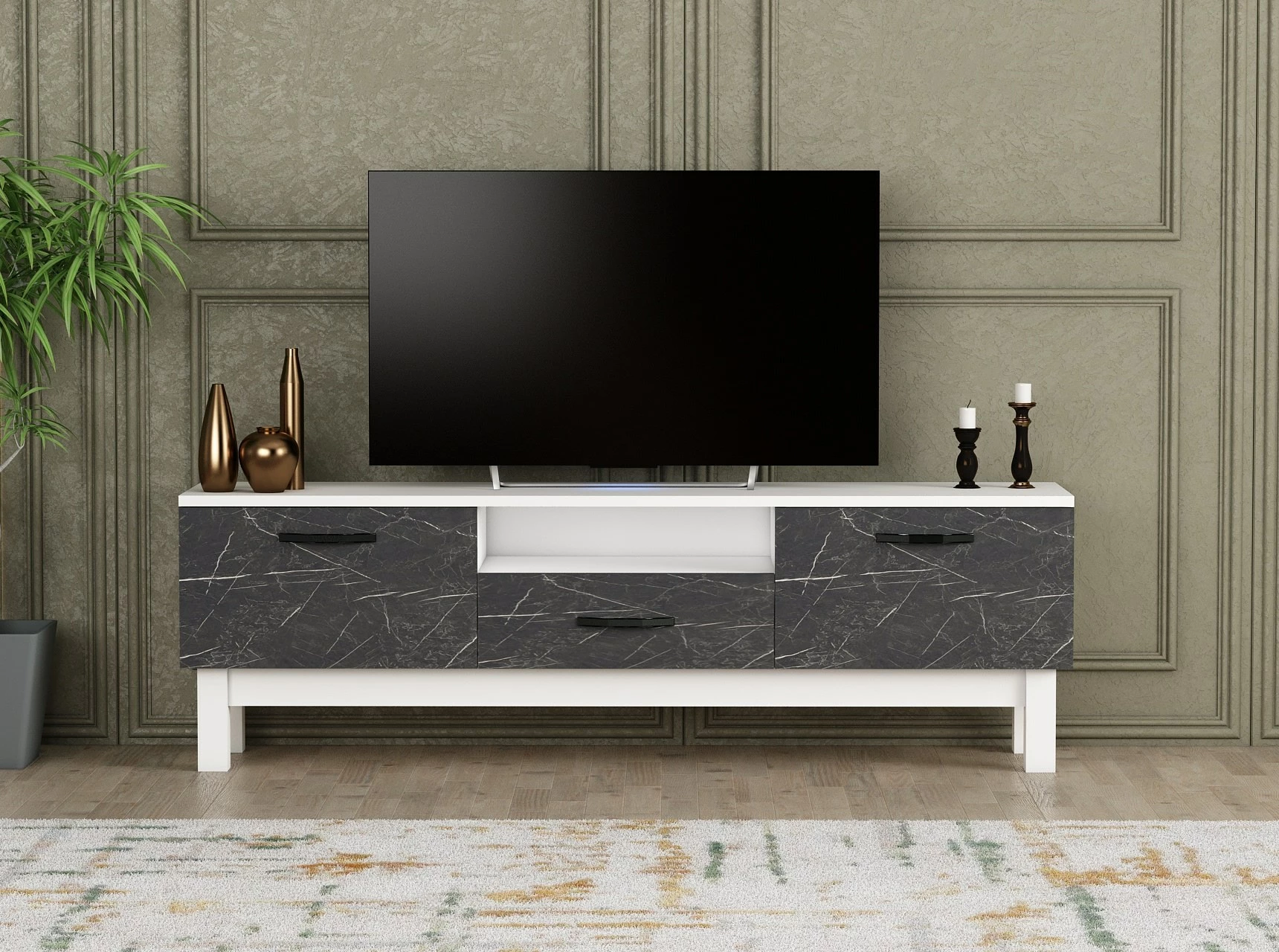 Komodë TV Hanah Home, Suzi, mermer, e bardhë dhe e zezë