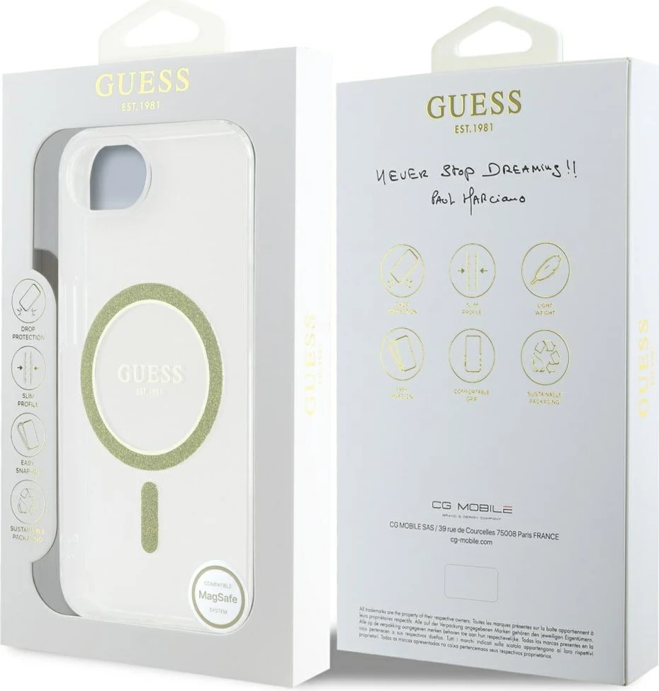 Mbështjellës Guess IML Glitter Circle MagSafe për iPhone 16e, Transparent