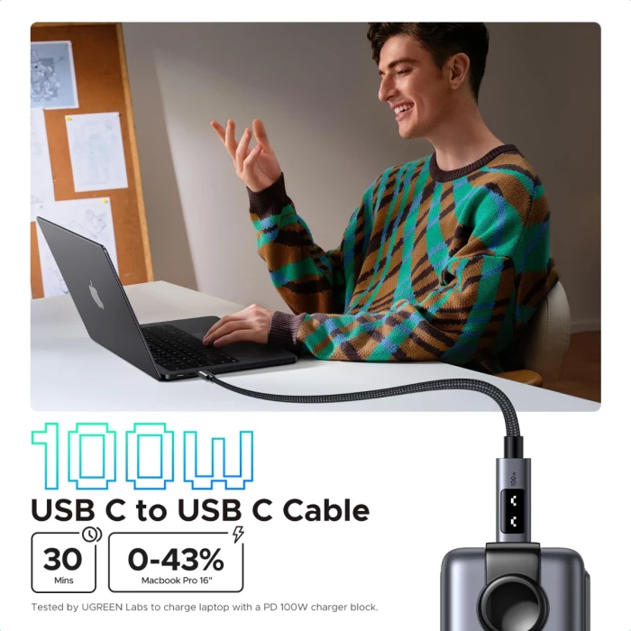 Kabllo karikimi USB-C në USB-C UGREEN Uno 35501 100W 1m, e zezë/gri
