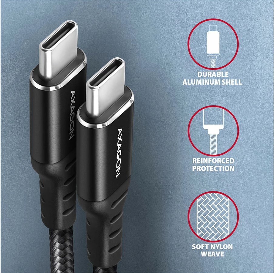 Kabllo USB-C Axagon BUCM-CM30AB, USB-C në USB-C, 3 m, PD 60W, 3A, e thurur, e zezë