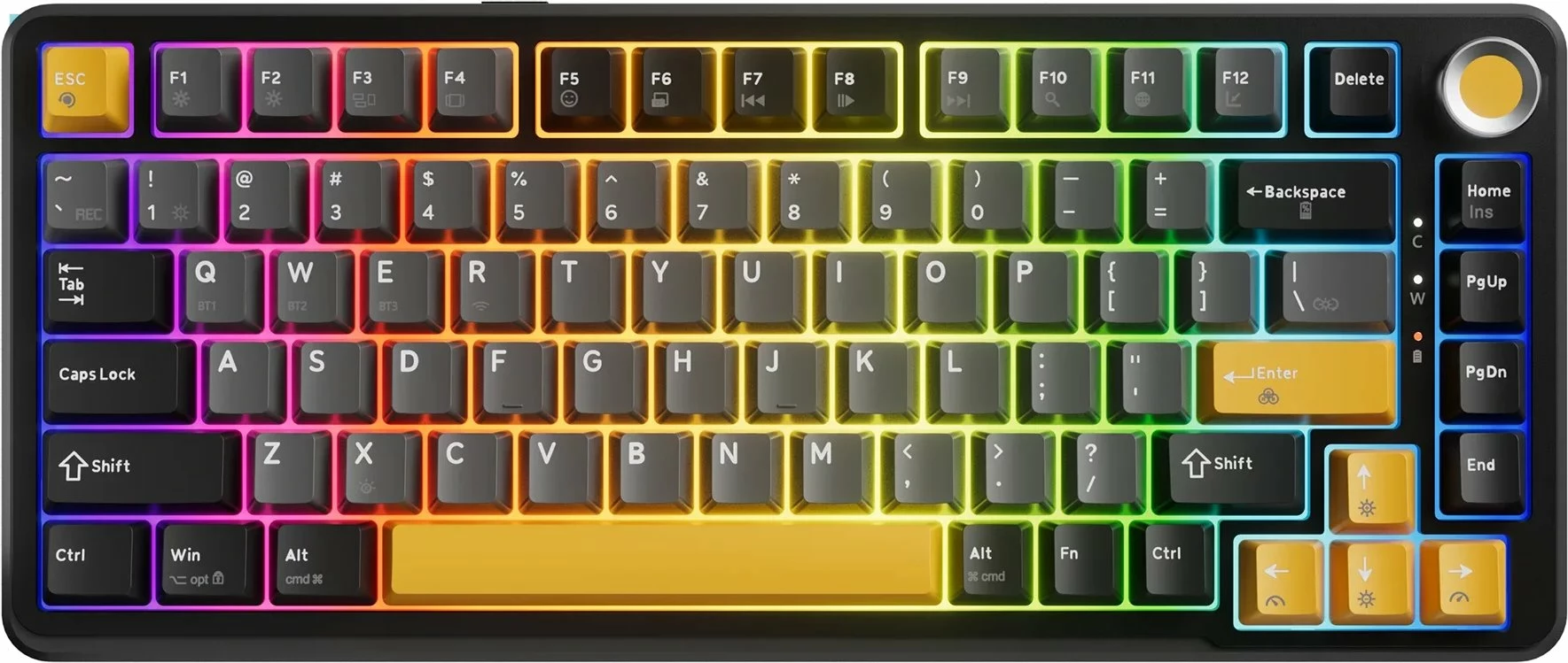 Tastierë mekanike wireless Marvo Titan 75 (KG985W), 75% 82 taste, RGB, tri-mode USB-C/2.4G/Bluetooth 5.0, Banana Crystal switch të verdhë, bateri 4000 mAh, US layout, e zezë, set me adapter 2.4G + kabllo USB-C + vegël 2-në-1