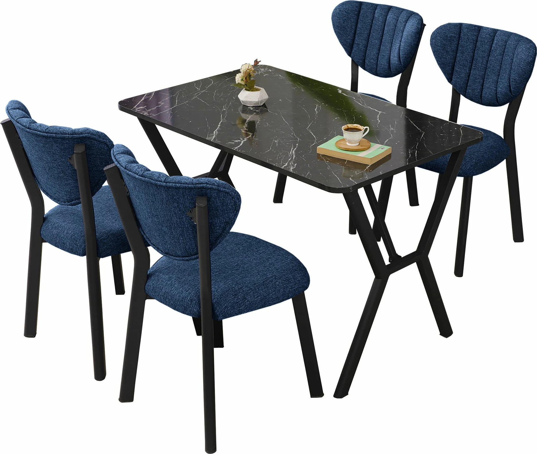 Tavolinë me karrige, zgjatshme, 5 copë, Skye Decor, elma, blu e errët, e zezë