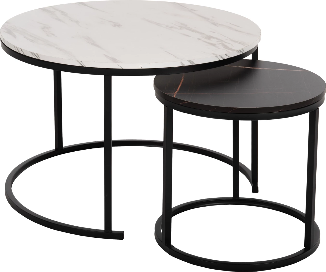 Tavolina kafeje FH8763.14 set 2 copë MDF pamje mermeri ngjyrë e përzier me këmbë të zeza Φ80-Φ48cm