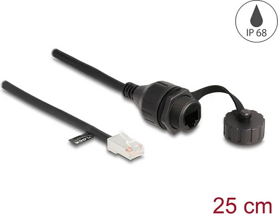 Kabëll rrjeti DeLOCK RJ45 mashkull në RJ45 femër për montim, Cat5e FTP, IP68, 25 cm, i zi