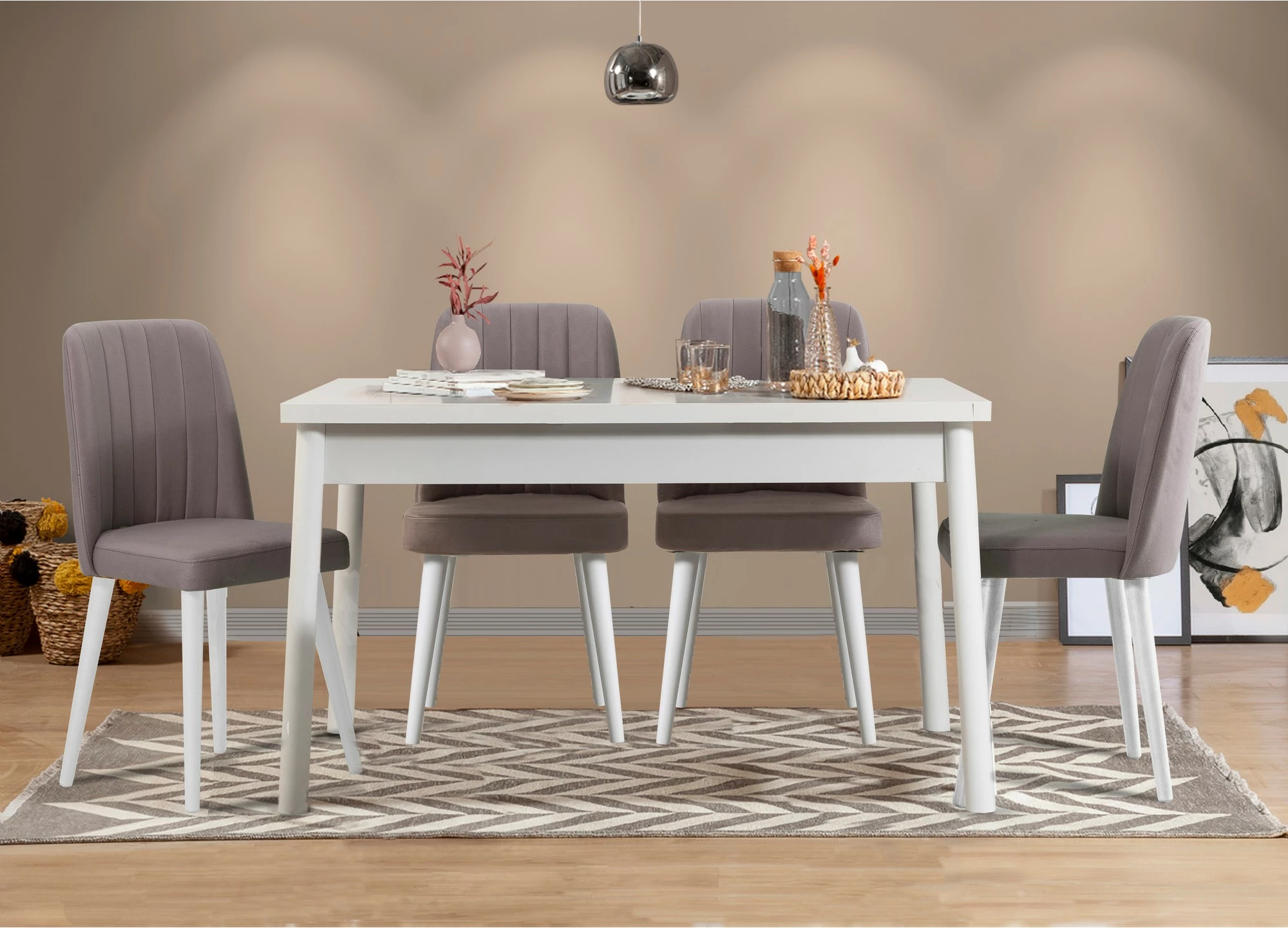 Set tavoline me karrige (5 copë), Skye Decor, ngjyrë e bardhë-gri