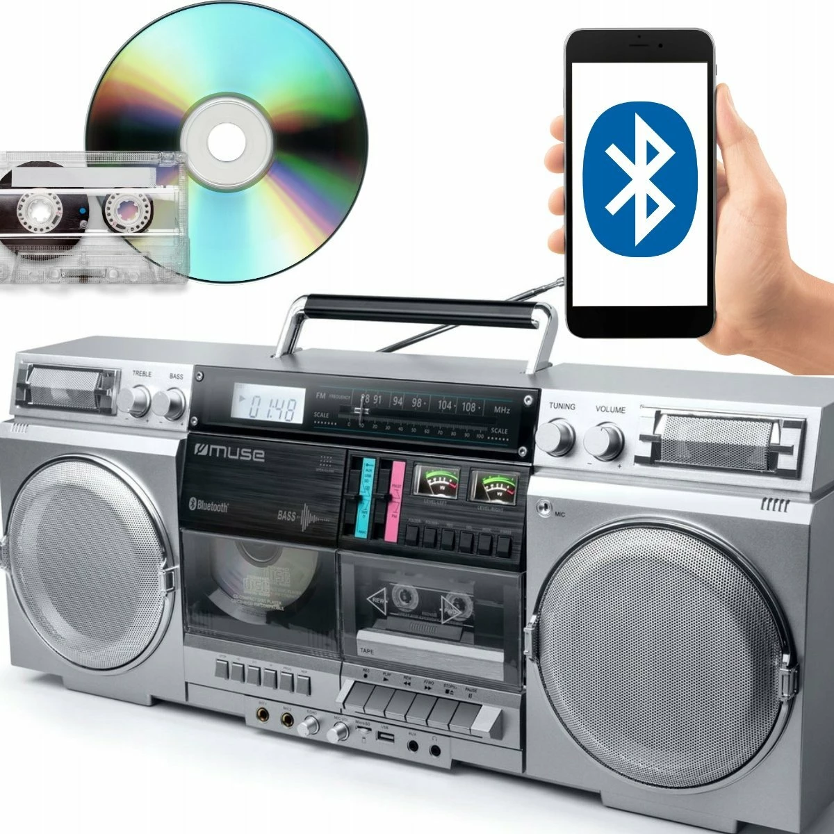 Radio kasetofon Muse M-380GBS Ghetto 80W Bluetooth CD/USB/SD/FM, argjendtë
