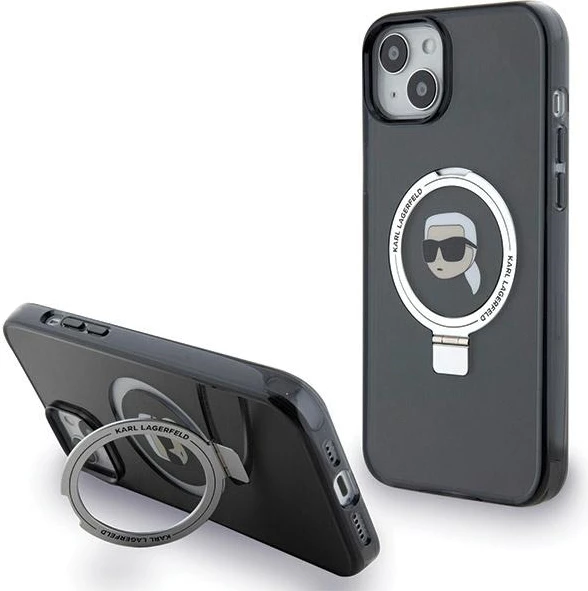 Mbështjellës Karl Lagerfeld KLHMP15SHMRSKHK për iPhone 15 6.1", me unazë Ring Stand, MagSafe, zi