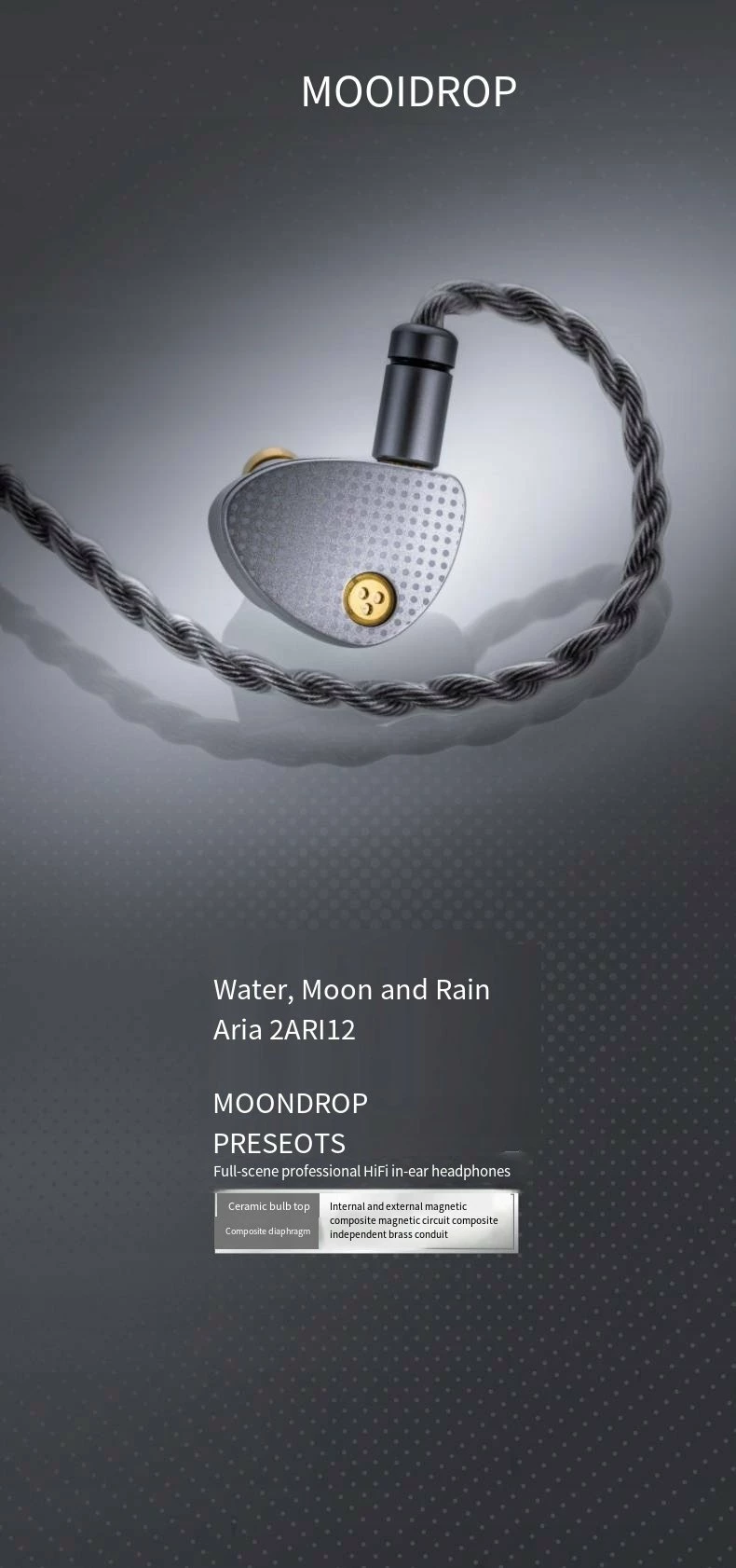 Kufje in-ear Moondrop Aria 2, 3.5mm, 0.78mm 2-pin, 1.2m, semi-open, 33Ω, argjendtë/gri