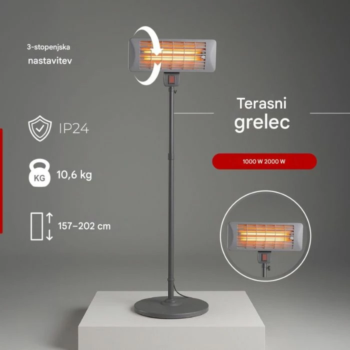 Ngrohës halogjen në këmbë CAMRY CR7737 2000W, IP24, lartësi e rregullueshme 157–202 cm, gri