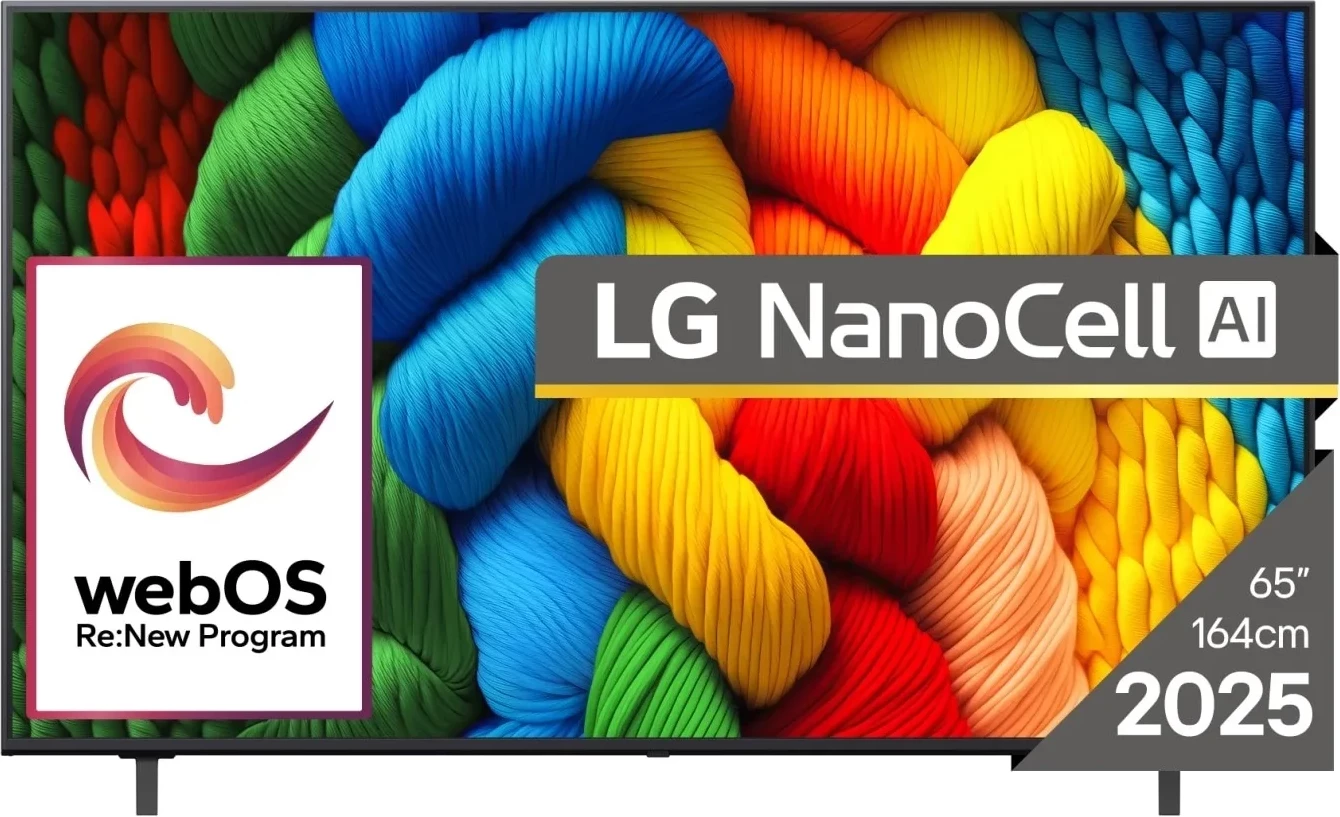 Televizor LED 65", LG 65NANO80A3B, 4K Ultra HD NanoCell, webOS 25, 60Hz, procesor AI α7 Gen8, ngjyrë e zezë