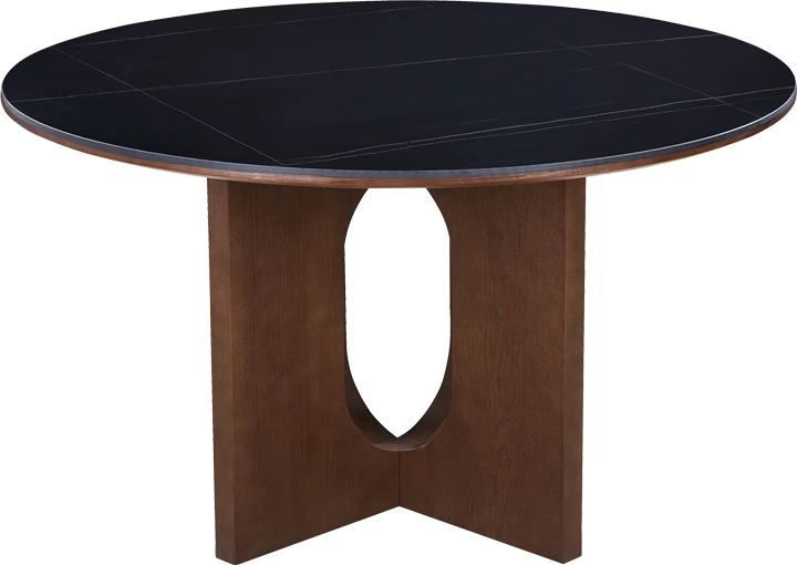 Tavolinë ngrënieje Merge, gur sintetik, MDF, ngjyrë mermeri të zi, bazë arre, D130x75cm