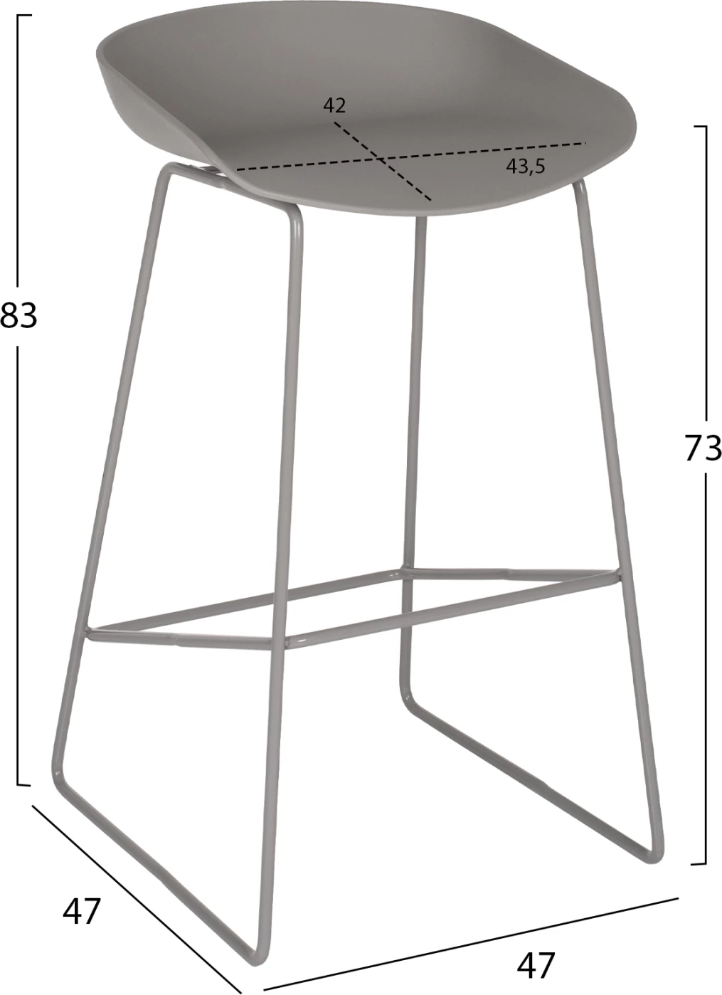 Karrige për bar metalike FH8450.10 me ulëse gri PP 47x47x83cm, set prej 2 copë